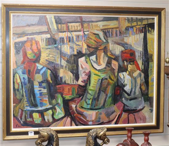 Rashida Eli, oil on canvas, Three seated women, signed, 87 x 115cm